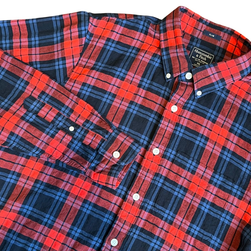 Abercrombie & Fitch Mens Plaid Slim Fit Flannel Button Down Shirt Holiday XXL